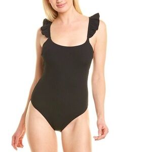 NWT Letarte | Women's Black Ruffle Swimsuit, ribbed fabric, breast pads, size M